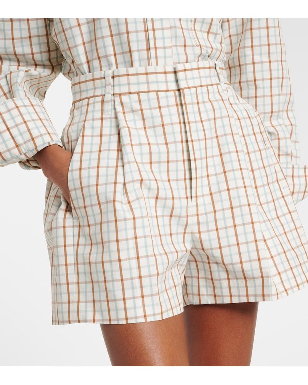 Victoria Beckham Natural Checked Pleated Cotton Shorts