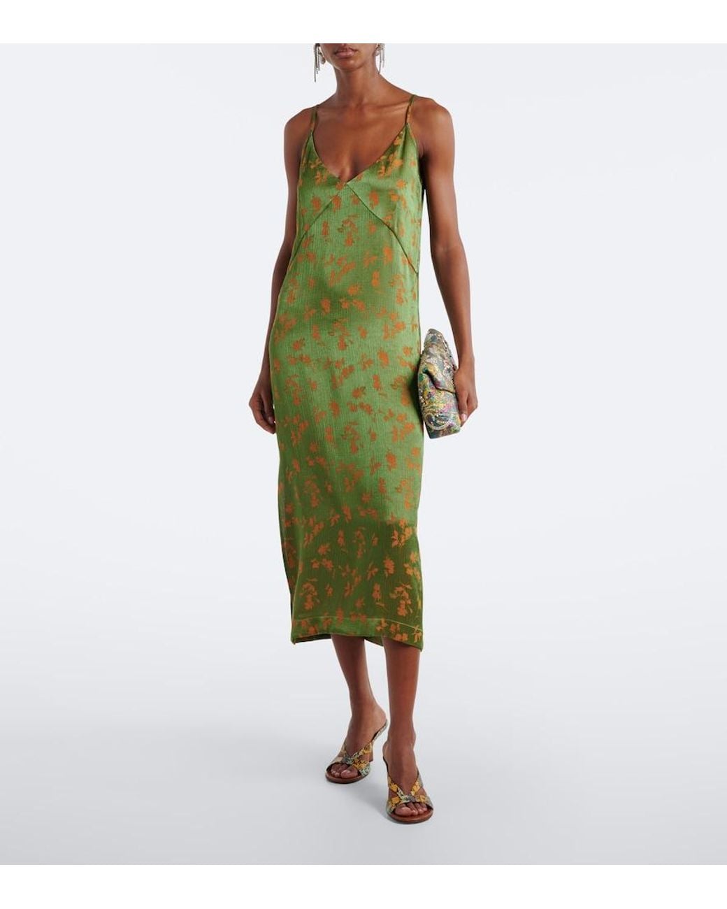 Dries Van Noten Green Floral Jacquard Satin Slip Dress