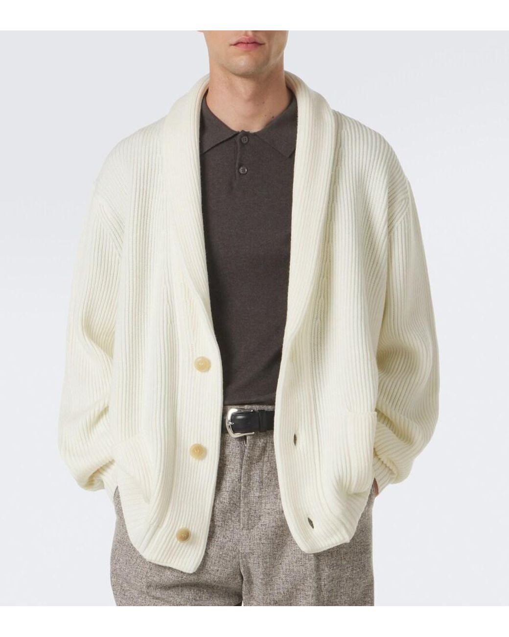 Thom Sweeney White Ribbed-Knit Wool Cardigan for men