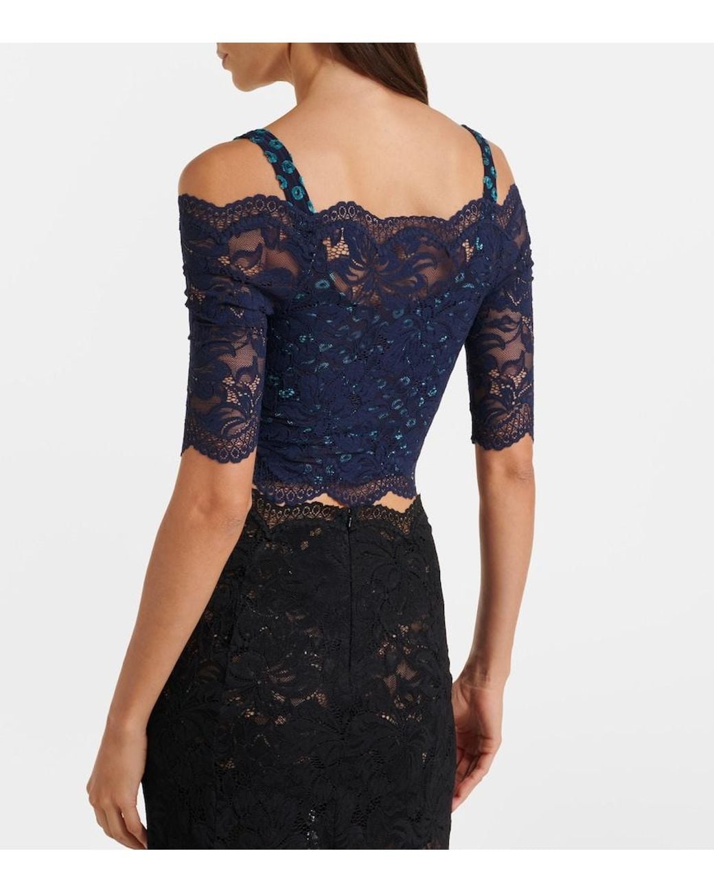 Rabanne Blue Trompe L'Oil Lace And Velvet Crop Top