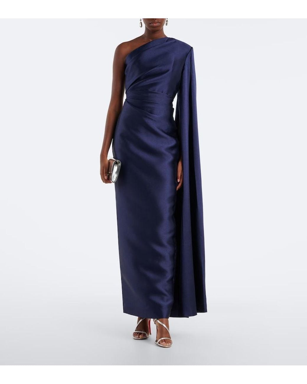 Solace London Blue Veya Pleated One-Shoulder Satin Gown