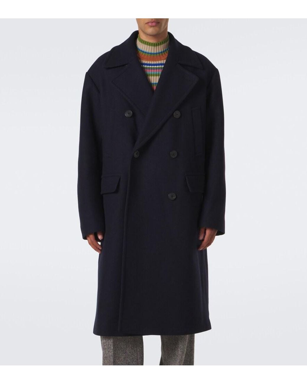 Dries Van Noten Blue Double-Breasted Wool-Blend Coat for men