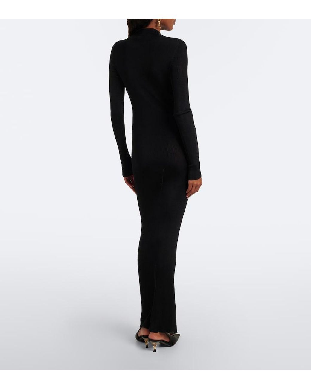 Saint Laurent Black Cassandre Ribbed-Knit Silk Maxi Dress