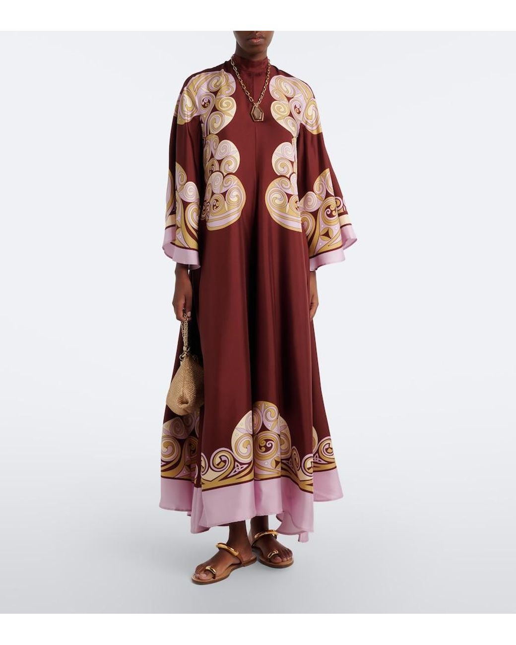 LaDoubleJ Red Kells Swirl Silk Satin Maxi Dress