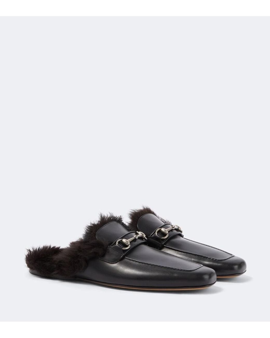 Gucci Black Horsebit Shearling-Lined Leather Mules for men