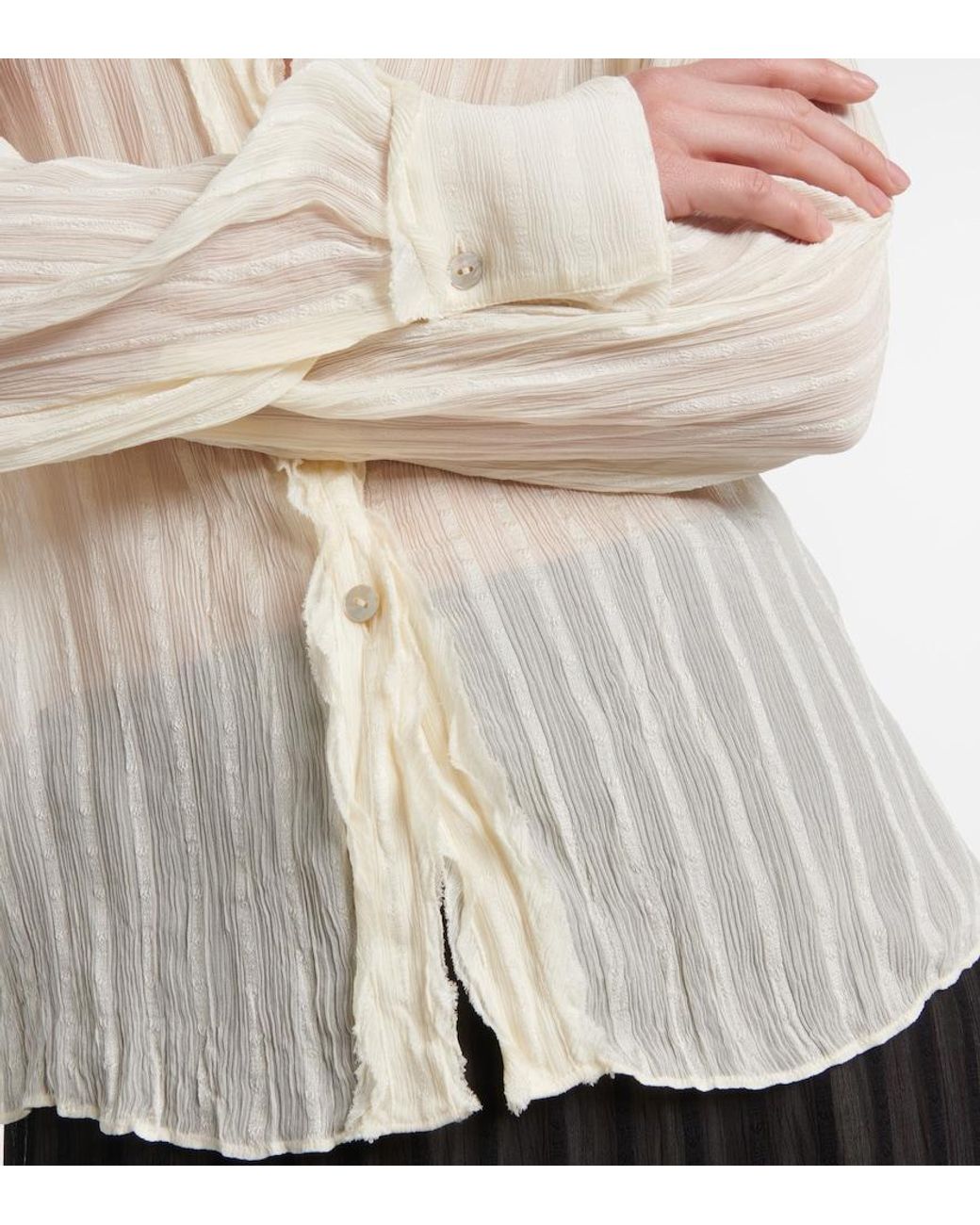 Vince White Ruffled Striped Semi-Sheer Shirt