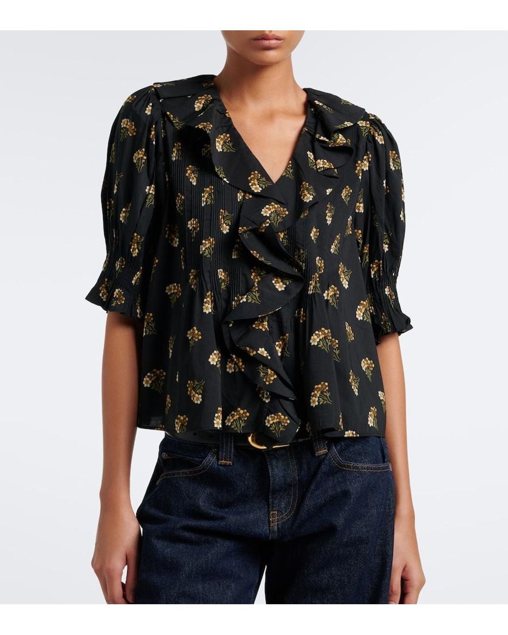 Doen Black Henri Floral Ruffled Cotton-Blend Blouse