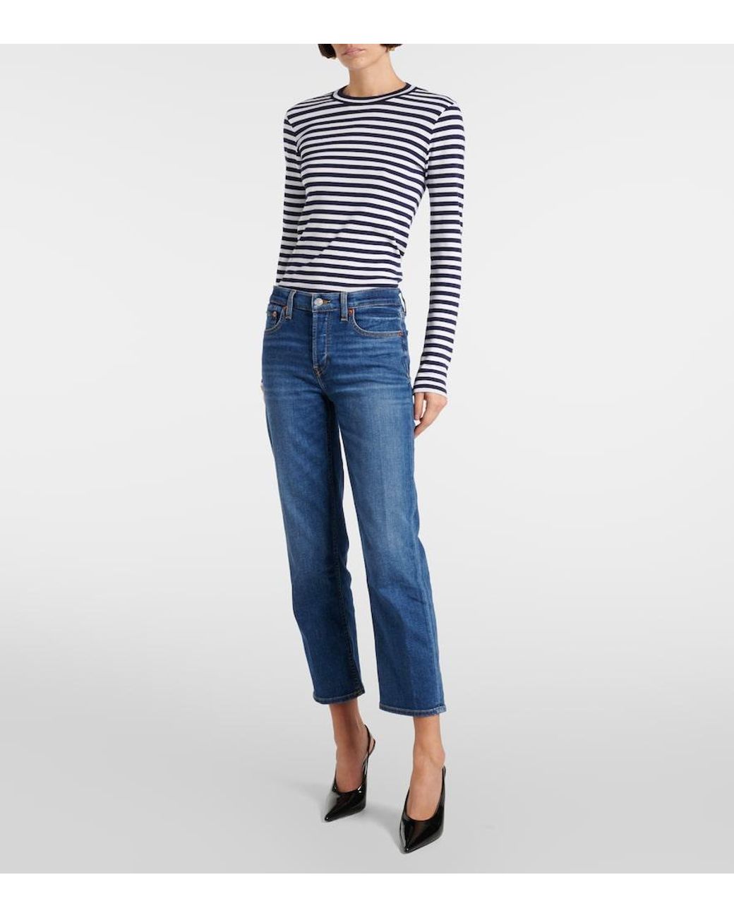 Re/done Blue Stove Pipe Mid-Rise Straight Jeans