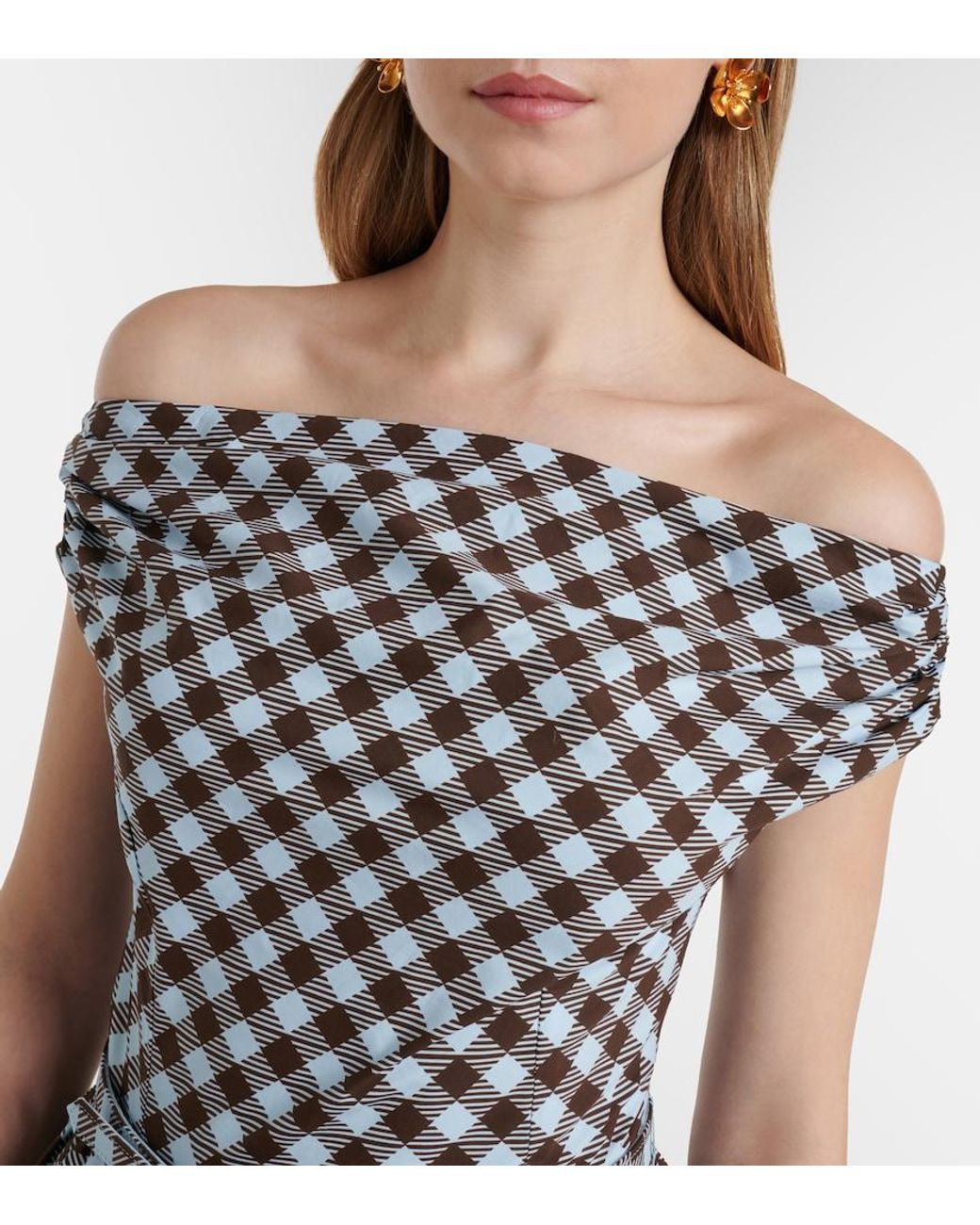 Oscar de la Renta Blue Gingham Cotton-Blend Midi Dress