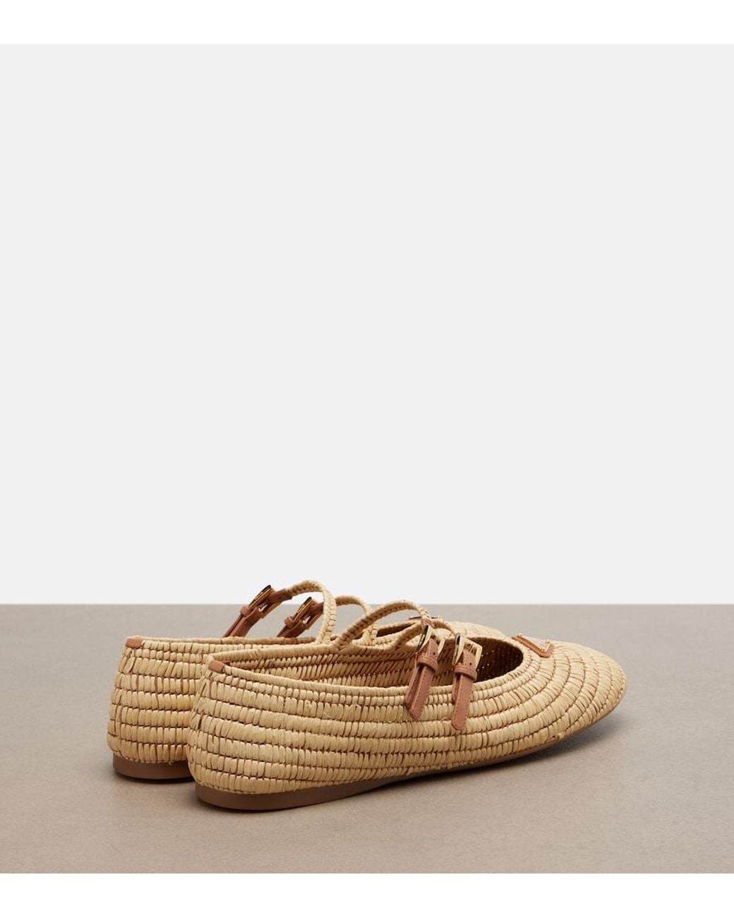 Prada Brown Crochet Raffia-Effect Mary Jane Flats