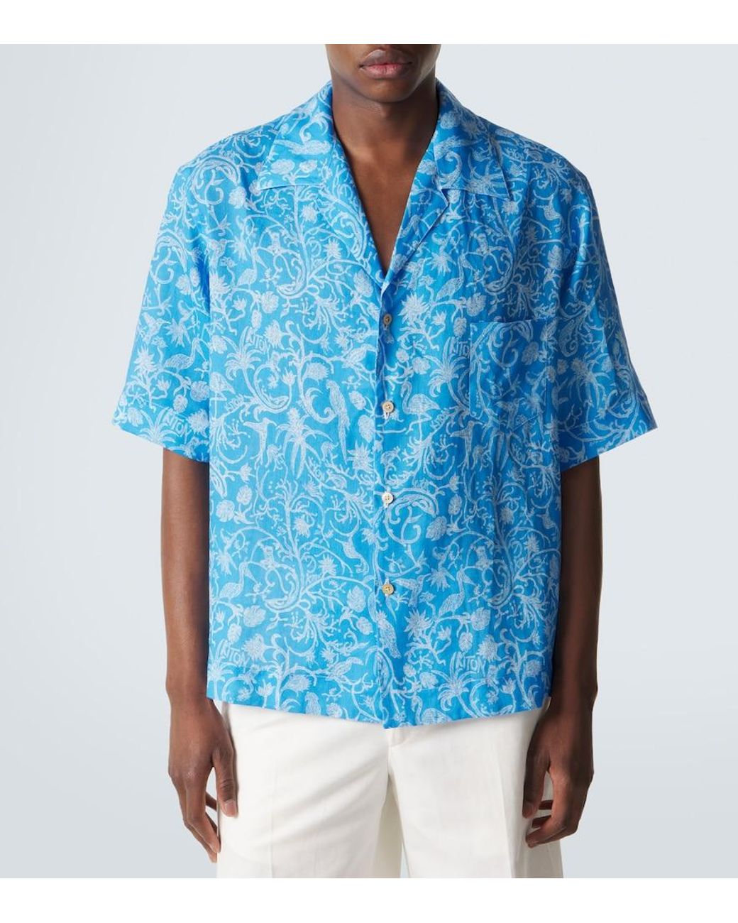 Kiton Blue Printed Linen Bowling Shirt for men