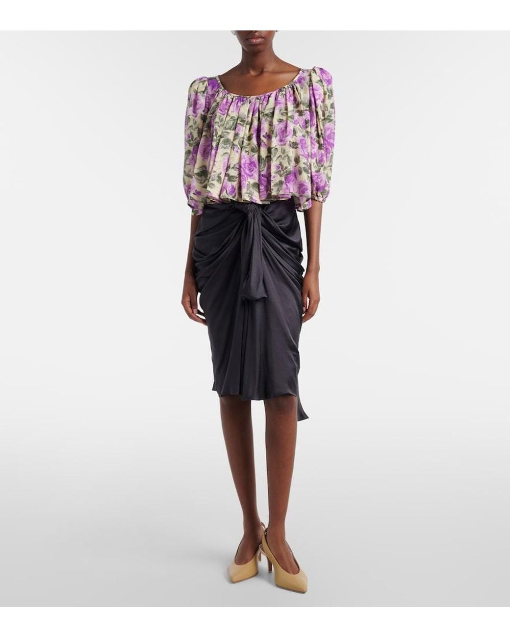 Chloé Black Gathered Silk Satin Midi Skirt