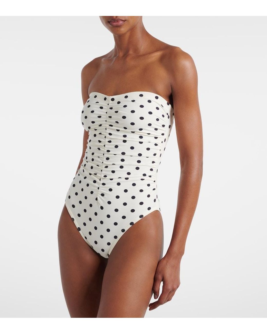 Karla Colletto White Ruched Polka-Dot Bandeau Swimsuit
