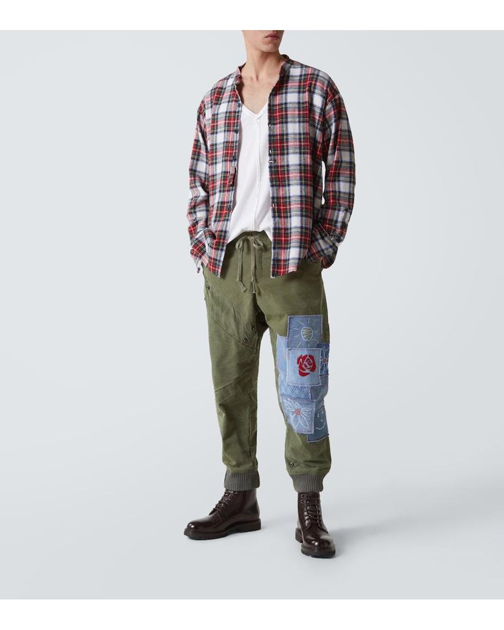 Greg Lauren Green Patchwork Cotton Sweatpants for men