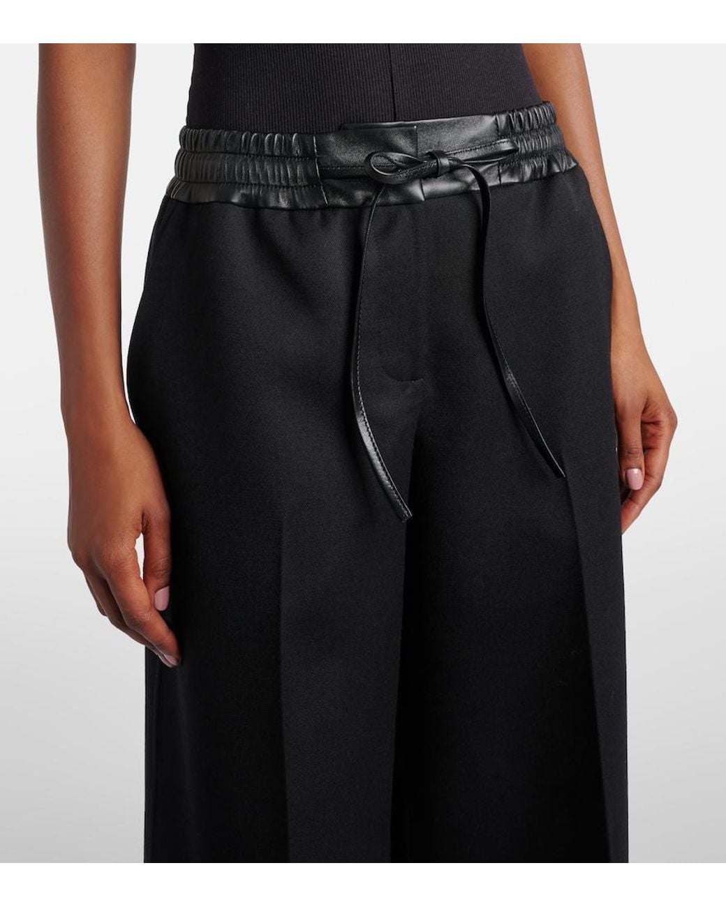 Alaïa Black Leather-Trimmed Virgin Wool Wide-Leg Pants
