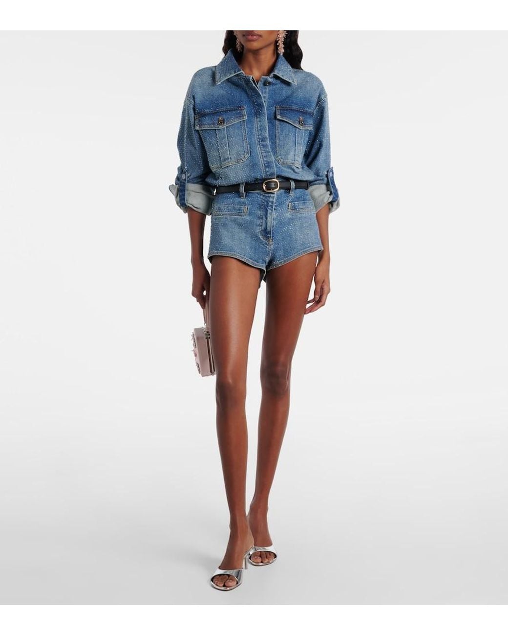 Self-Portrait Blue Embellished Denim Romper