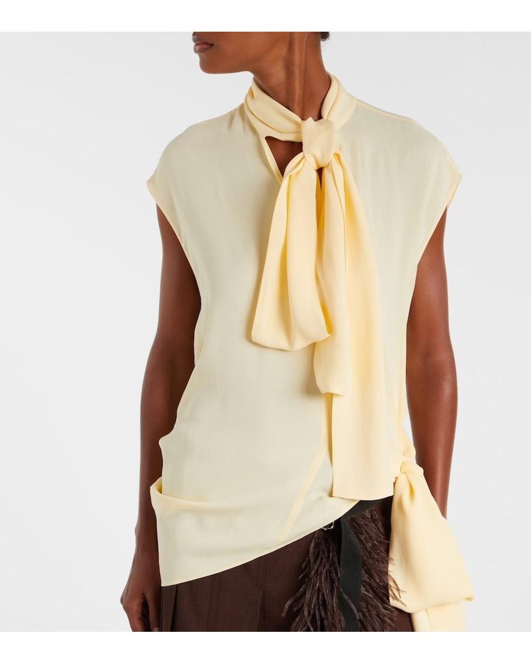 Plan C Natural Asymmetric Tie-Neck Blouse