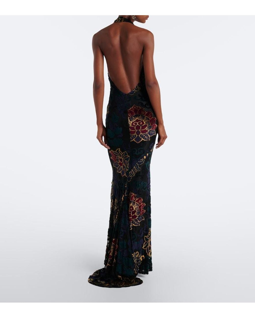 Etro Black Floral Jacquard Jersey Halterneck Gown