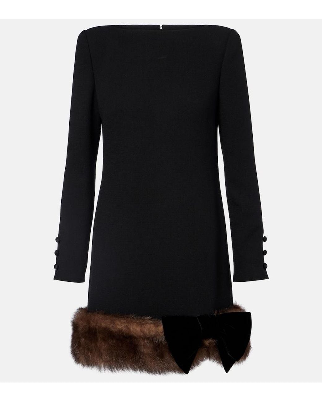 Valentino Black Shearling-Trimmed Virgin Wool Minidress