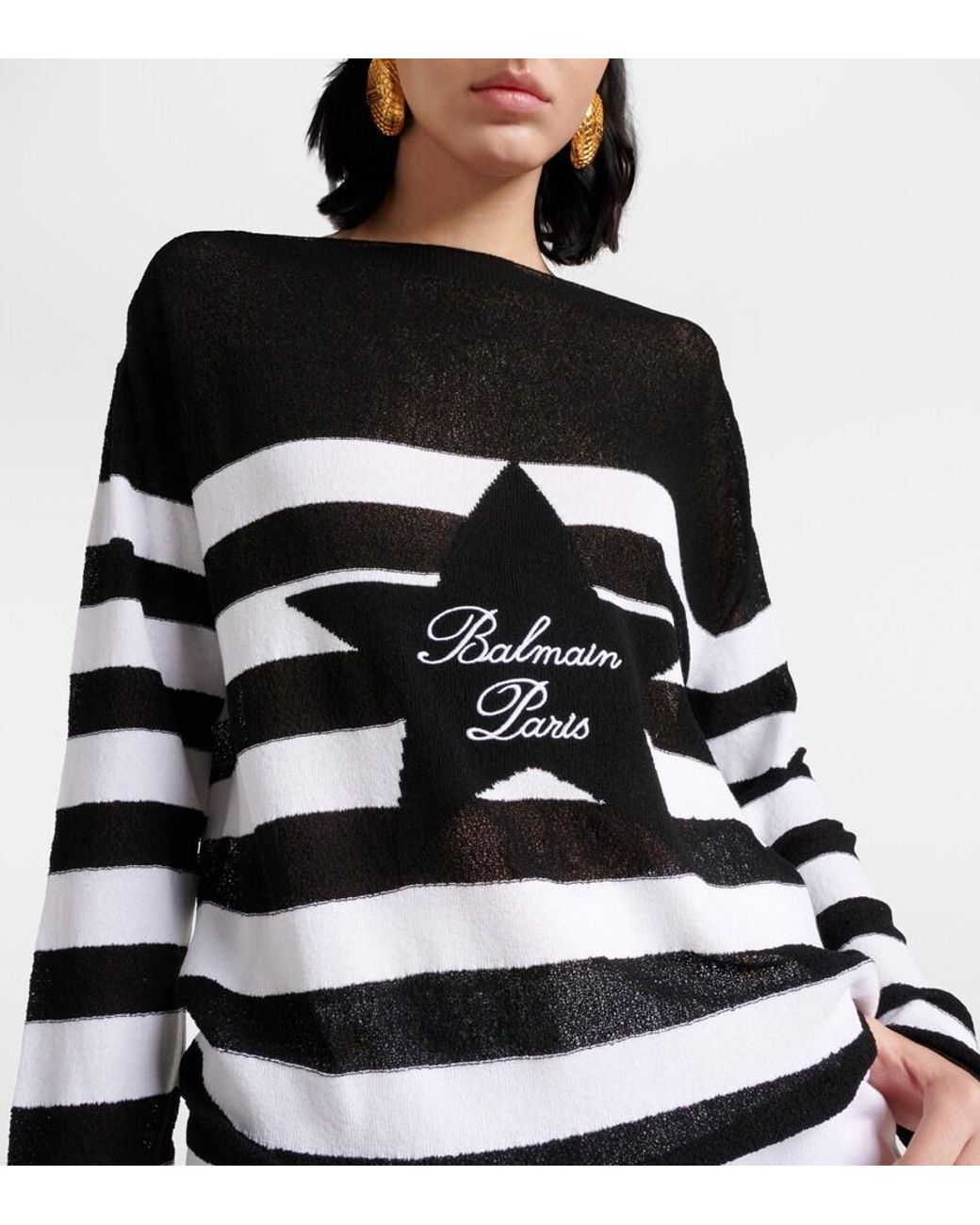 Pullover A Righe Con Logo di Balmain in Black
