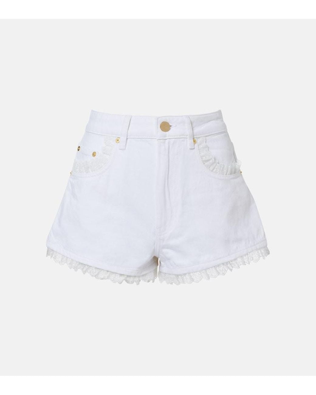 Ganni White Lace-Trimmed Denim Shorts