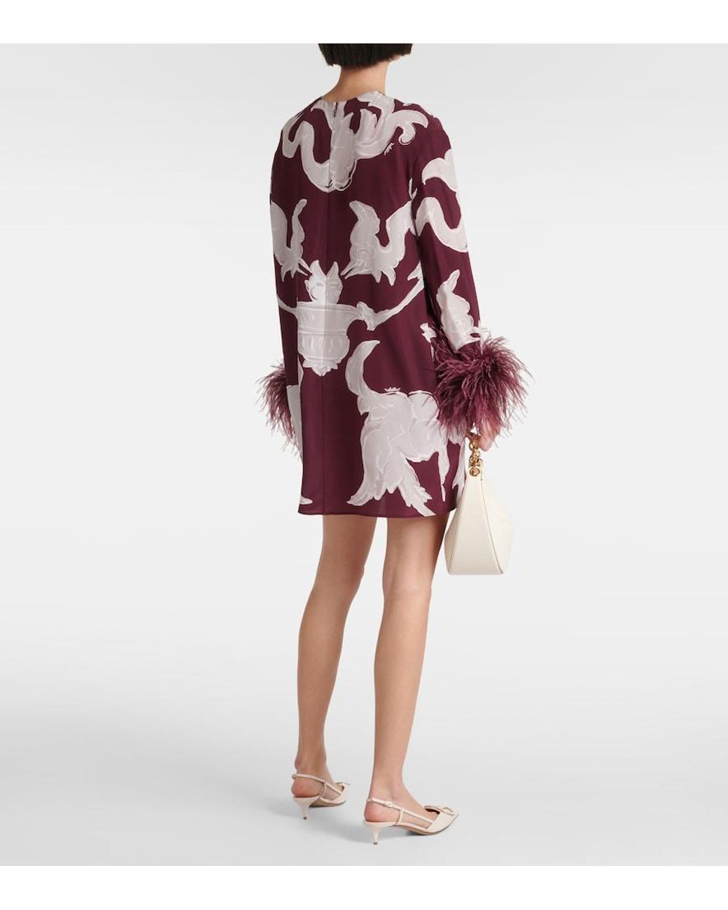 Valentino Garavani Red Printed Feather-Trimmed Silk Minidress