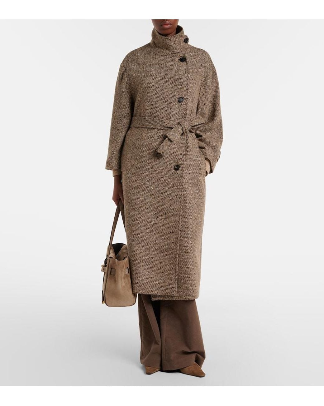 Brunello Cucinelli Brown Belted Herringbone Wool-Blend Coat