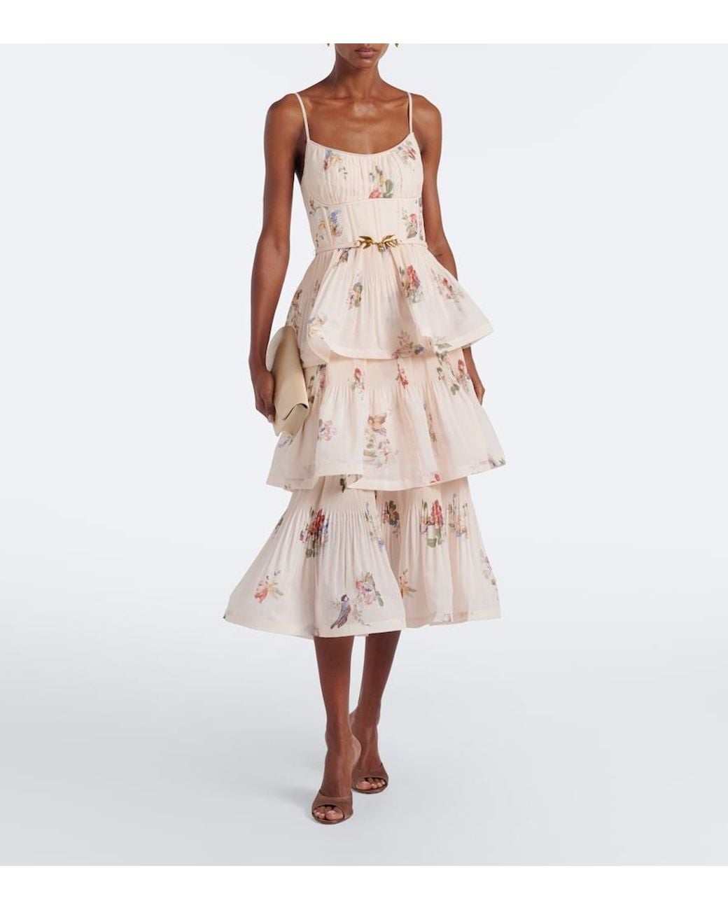Zimmermann Natural Floral Pleated Tiered Bustier Dress