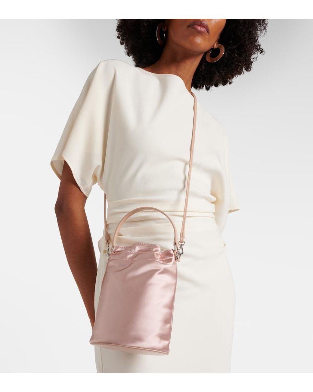 Staud Pink Lila Leather-Trimmed Satin Bucket Bag
