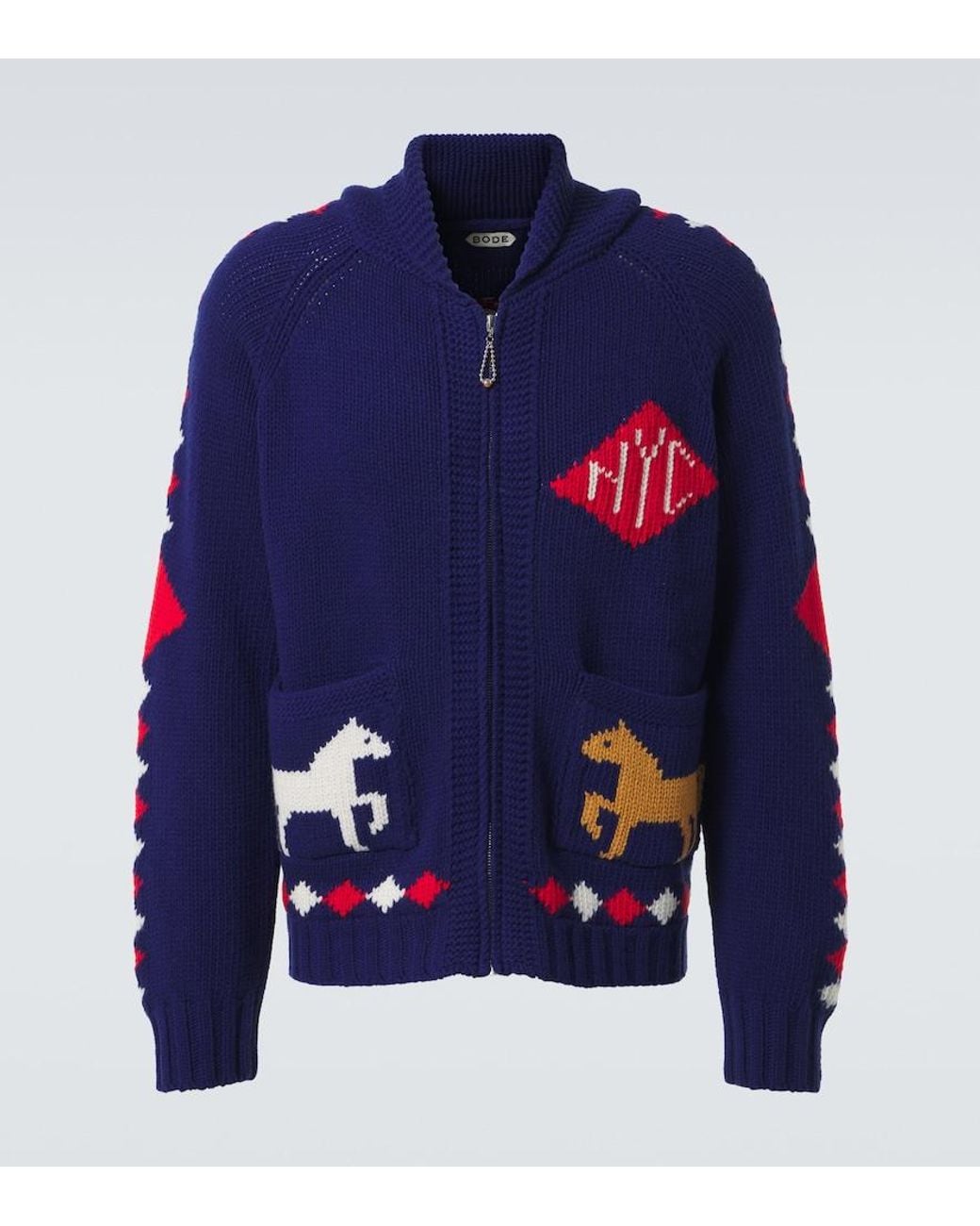 Bode Blue Diamond Corral Wool Zip-Up Cardigan for men