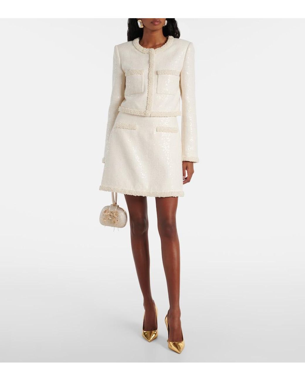 Self-Portrait White Faux Pearl-Trimmed Boucle Miniskirt