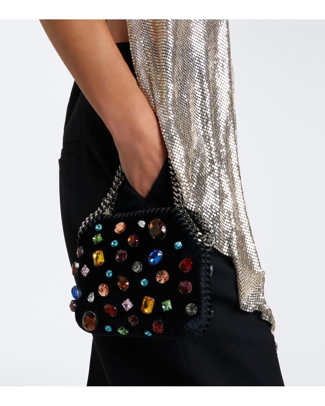 Stella McCartney Black Falabella Tiny Embellished Velvet Shoulder Bag