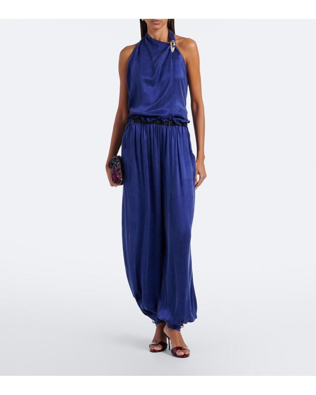JACQUES WEI Blue Asymmetric Embellished Halterneck Top