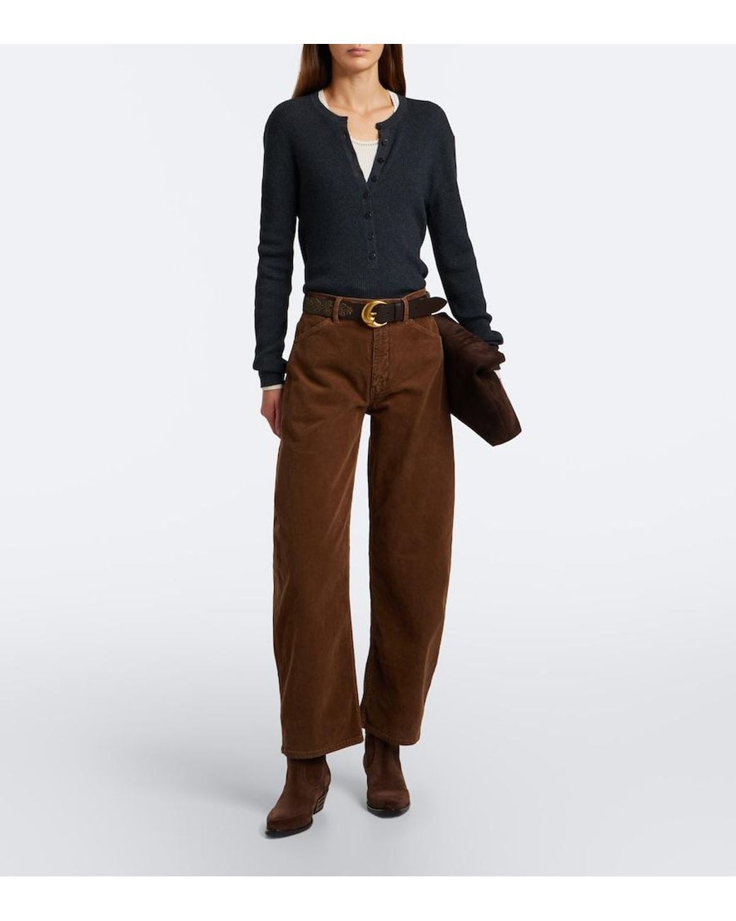 Nili Lotan Brown Tribeca Corduroy Barrel-Leg Pants
