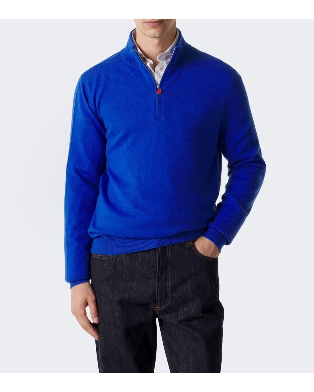 Kiton Blue Cashmere Half-Zip Sweater for men