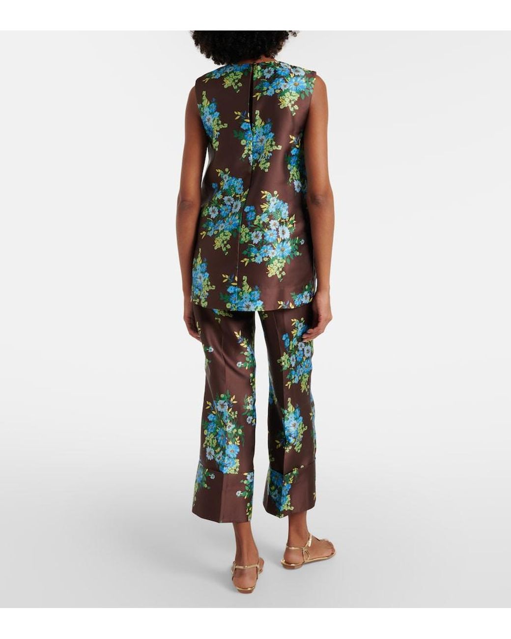 ALÉMAIS Green Floral Cropped Satin Flared Pants