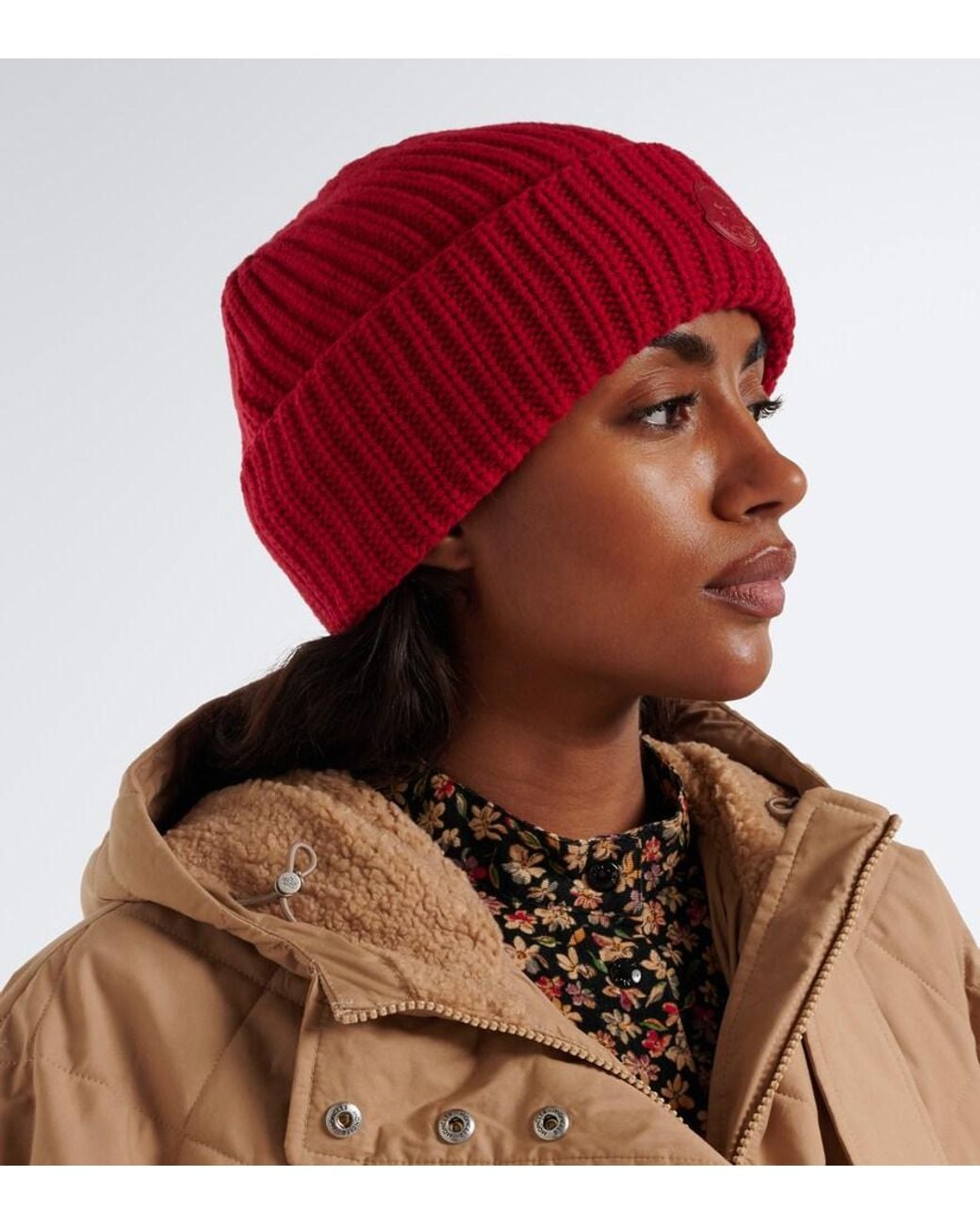 Moncler Red Logo Ribbed-Knit Cashmere Beanie
