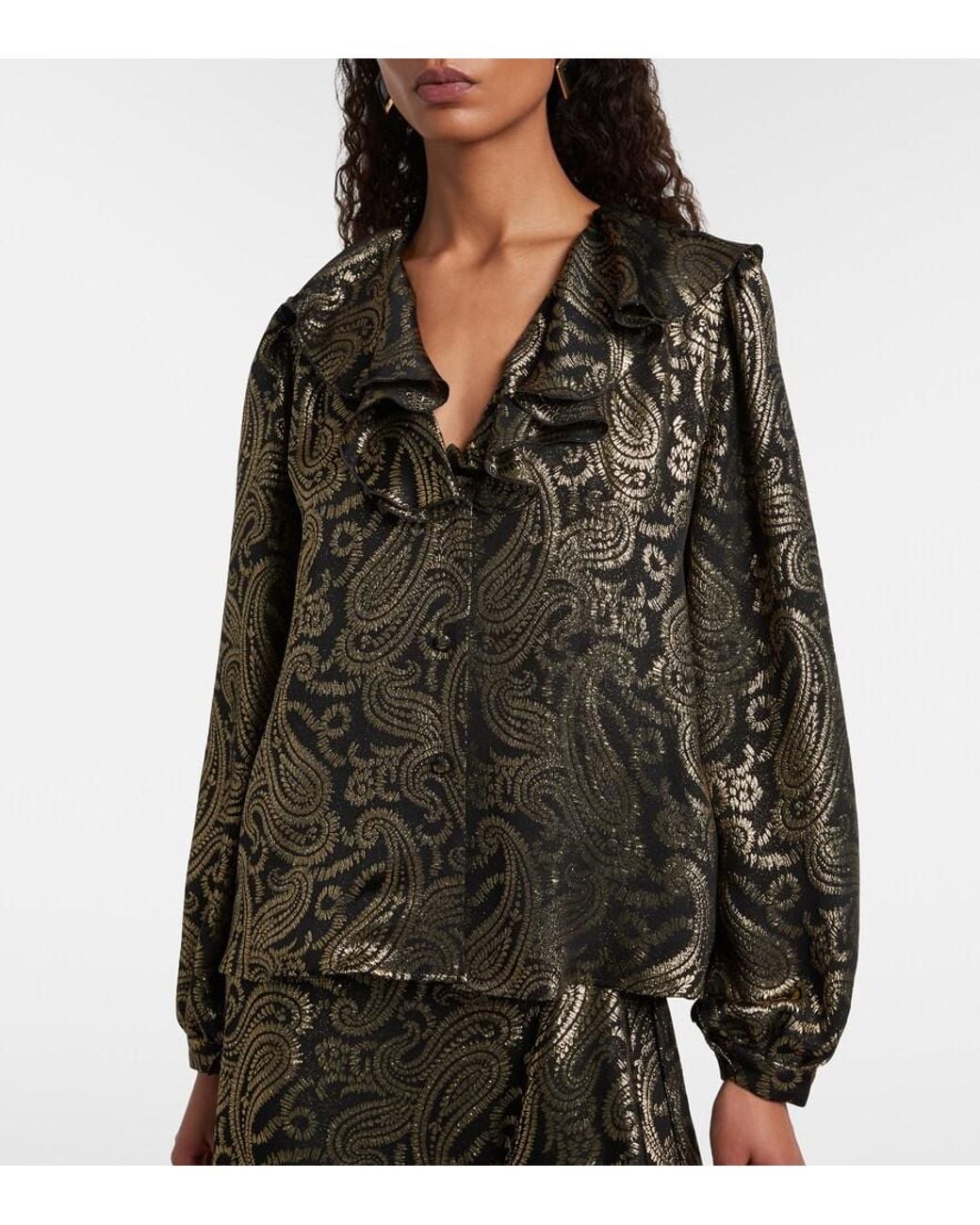 Etro Black Paisley Ruffled Silk-Blend Blouse