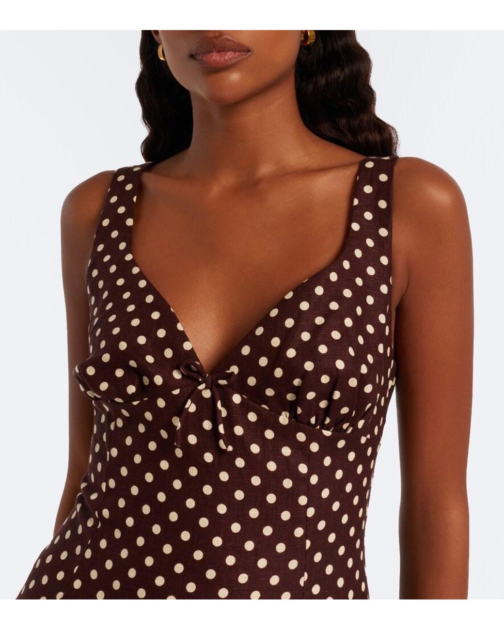 Faithfull The Brand Brown Martuba Polka-Dot Peplum Linen Top