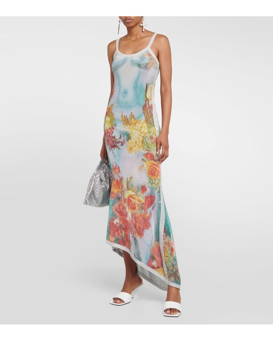 Jean Paul Gaultier Asymmetric Printed Metallic Knitted Maxi Dress in White  | Lyst