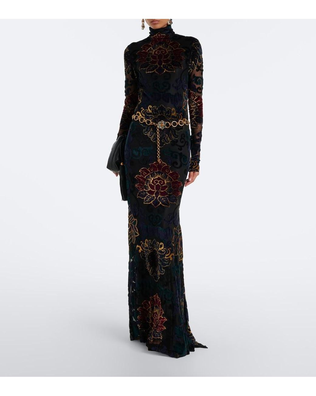 Etro Black Embroidered Velvet Gown