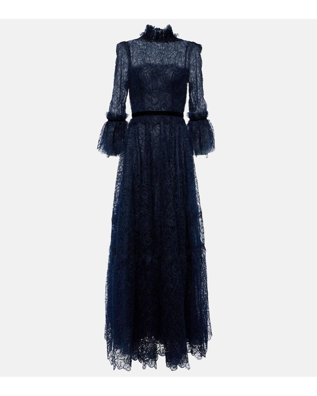 Costarellos Blue Ruched Lace Gown