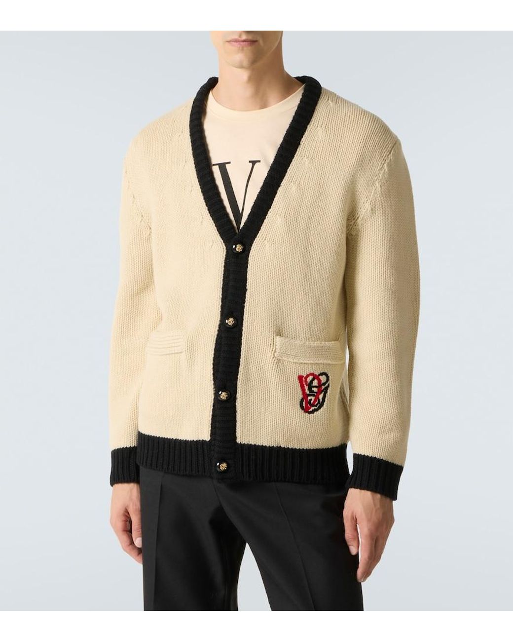 Valentino Garavani Natural Embroidered Virgin Wool Cardigan for men