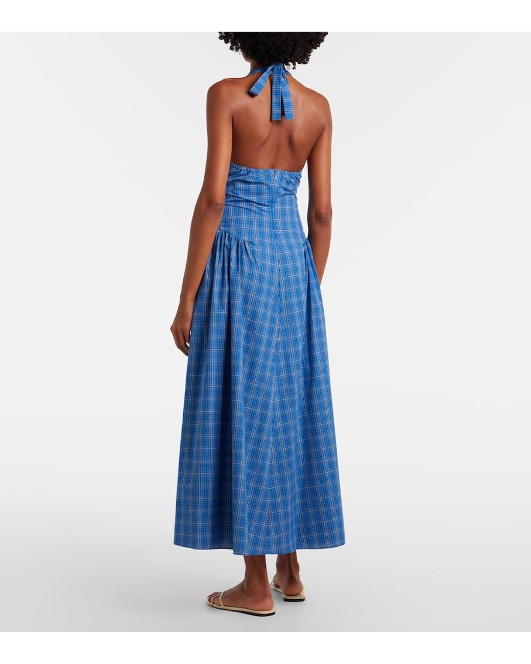 Faithfull The Brand Blue Del Ros Plaid Halterneck Cotton Midi Dress