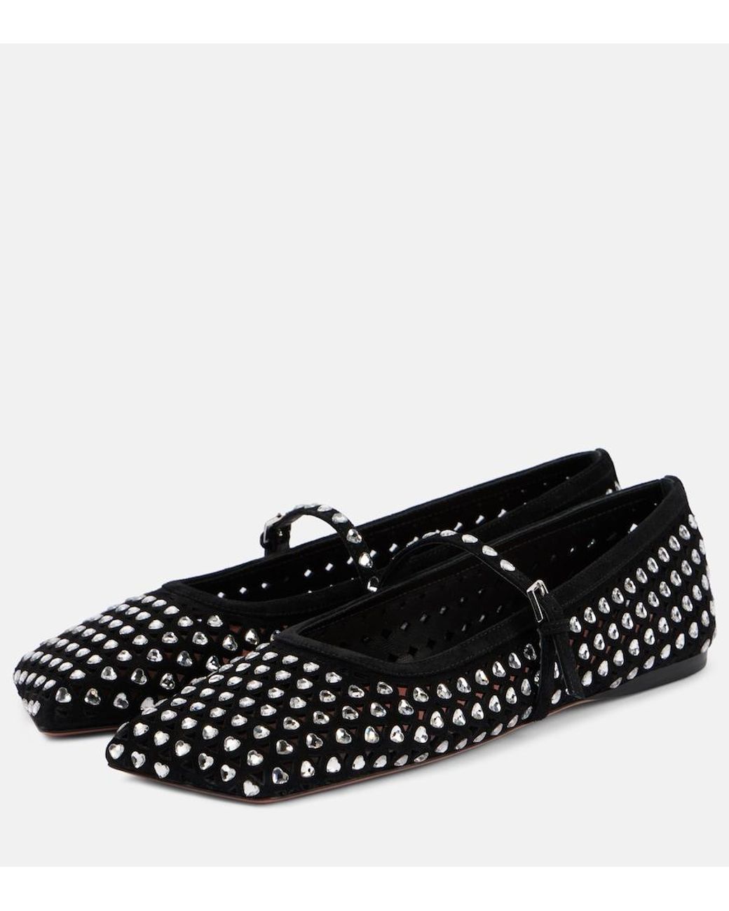AMINA MUADDI Black Ane Crystal Heart Suede Ballet Flats