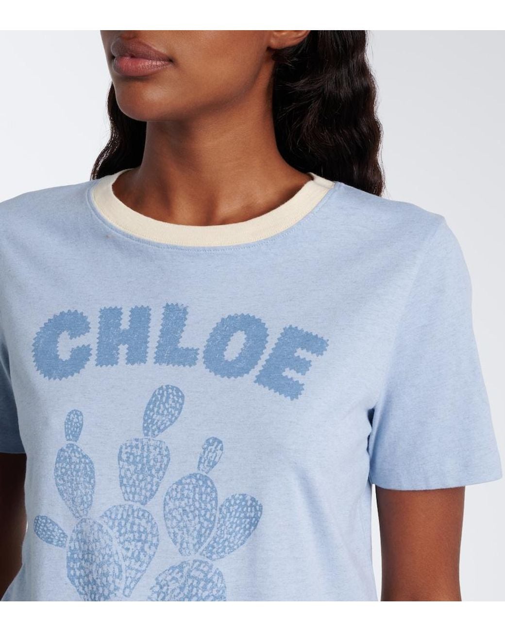 Chloé Blue Logo Printed Cotton Jersey T-Shirt