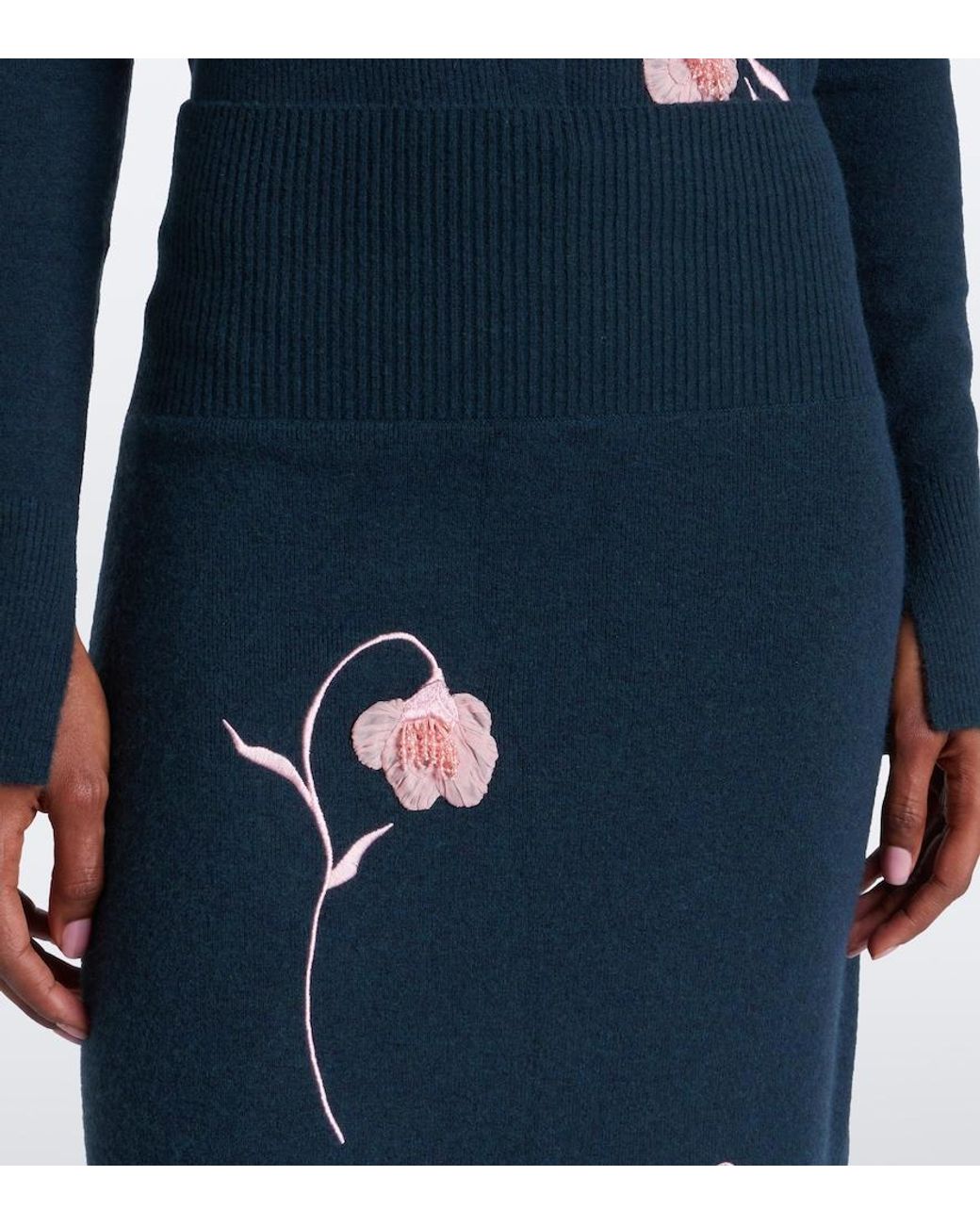 Erdem Blue Floral-Applique Knitted Midi Skirt