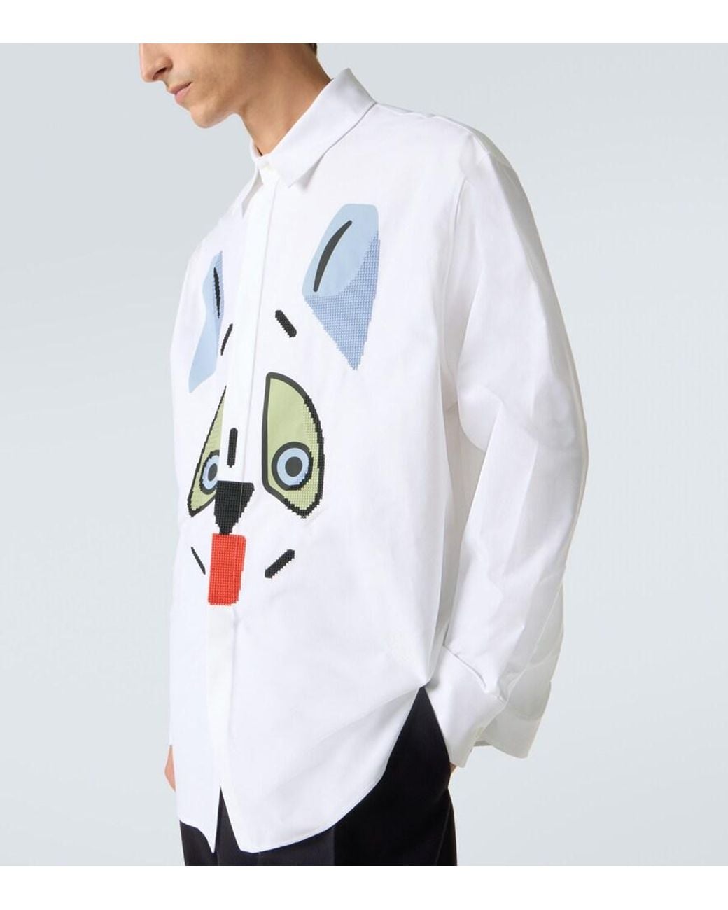Loewe White Cat Face Embroidered Cotton Shirt for men