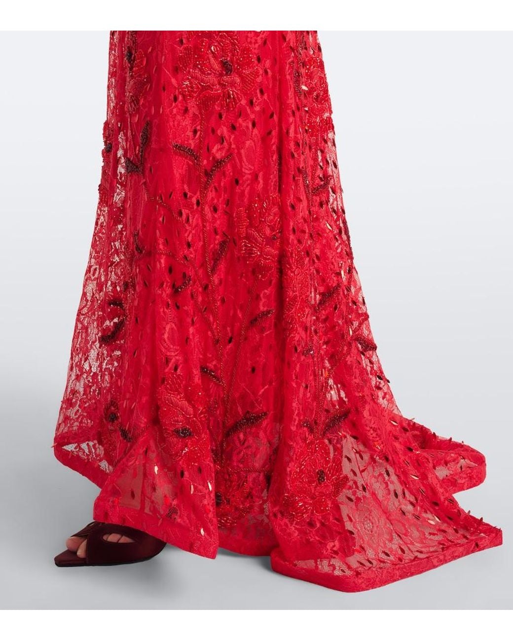 La Fuori Red Embellished Lace Bustier Gown