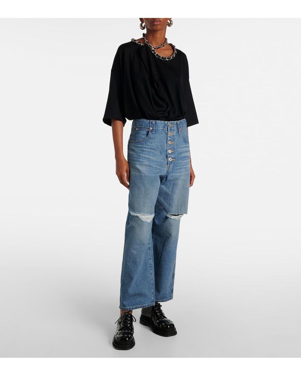 Junya Watanabe Blue Cutout Wide-Leg Cotton Jeans
